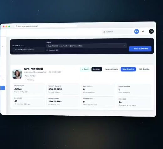 Member profile with wallet and invoices